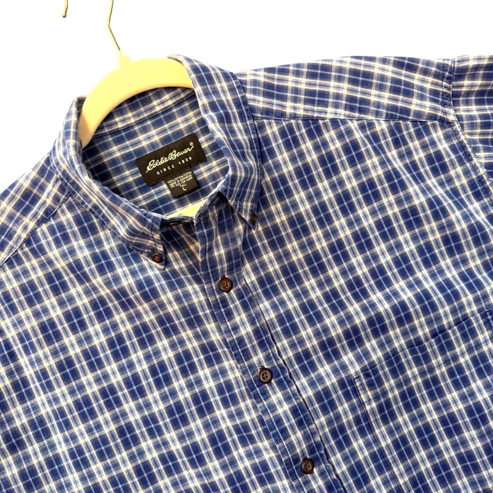 Eddie Bauer Shirt Mens, L Blue Plaid Cotton Short Sleeve Button Down Tall